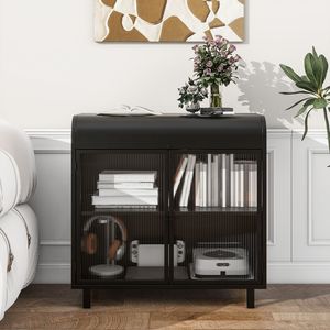 Aparador Moderno con Tapa Abatible, Puertas de Vidrio Templado Figurado, Estantes Interiores, Marco Metálico, Consola de Almacenamiento para Sala de Estar - Product Image 1
