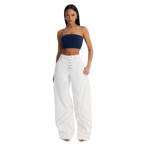 <b>Womens</b> <b>White</b> Wide Leg <b>Jeans</b> Mid Waist Casual Regular Fit Denim Pants Breathable 100% Cotton Contrast Stitching Button Front Full - Product Image 1