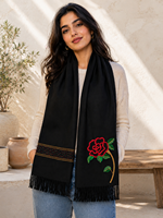 Écharpe longue en laine pour femme, noire, brodée de motifs floraux roses, châle d'hiver avec franges, durable pour un usage quotidien