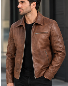 Chaqueta de Moto para Hombre, Estilo Urbano, de Cuero PU Marrón, Cuello Redondo, Cierre de Cremallera, Logotipo Frontal, Corte Regular, Estilo Otoñal - Product Image 3