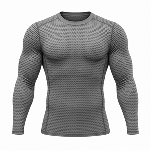 Grey <b>Long</b> <b>Sleeve</b> Gym <b>Compression</b> Tees for Men Textured <b>Compression</b> <b>Shirt</b> MMA Fitness Training Custom Print OEM Performance Wear - Product Image 1