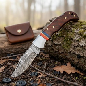 Couteau pliant de camping en acier Damas fait main UA Supplies, lame à pointe clip, manche en bois, mécanisme d'ouverture coulissant, couteau de poche EDC - Product Image 5