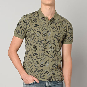 Polo à manches courtes pour homme, imprimé floral vert olive, coton Oxford, coupe classique, décontracté - Product Image 1