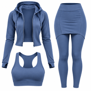 Women's 3-Piece <b>Yoga</b> Set Cropped Hoodie Sports Bra Skirted <b>Leggings</b> Solid Pink Quick Dry Seamless High Waist Full Length - Product Image 2