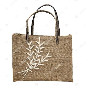 กระเป๋าโท้ทลำลองลายปักลายขนนกกระจอกเทศแบบไลน์อาร์ตจาก HERBARIUM Botanical พร้อมซิปปิดทำจากวัสดุธรรมชาติ บุด้วยผ้าฝ้าย ตกแต่งด้วยพู่ห้อย - Product Image 5