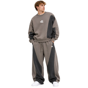 Ensemble de sweat-shirts oversize color block avec broderie personnalisée en twill, pantalon ample en molleton épais et sweats à capuche OEM - Product Image 1