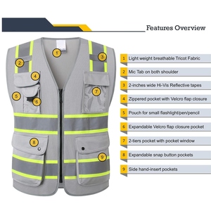 High Visibility Gray Safety Vest With Reflective Stripes And <b>Multiple</b> Pockets Unisex Workwear - Product Image 5