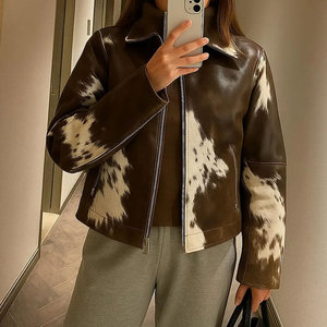 Genuine Cowhide Fur <b>Leather</b> <b>Jacket</b> for Women Waterproof <b>Real</b> Cow Skin with Logo Decoration for Winter wear - Product Image 1
