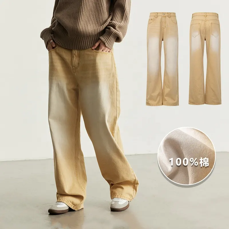 Pantalones de lavado ácido apilados holgados de pierna recta con logotipo OEM, pantalones de peso pesado, pantalones de algodón Cargo de mezclilla tejida para hombres