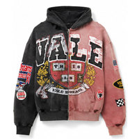 Hoodie Zip-Up Oversize Pink Hitam Pria, Desain Patchwork Fleece Katun, Bernapas, Gaya Musim Gugur, Sweatshirt Berkerudung