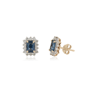 14K Real Yellow Gold Octagon Shape <b>Blue</b> Sapphire & Round Cut Diamond Cluster <b>Stud</b> <b>Earrings</b> Everyday Wear Women & Girls Jewelry - Product Image 3