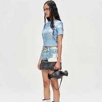 Crop top en jean pour femme avec design patchwork, col rond, manches courtes, style streetwear, mode printemps-été