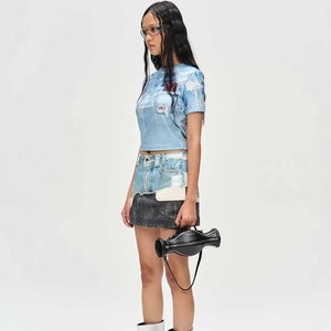 Women's Denim Crop <b>Top</b> With <b>Patchwork</b> Design O-Neck Short Sleeve Streetwear Style Spring Summer Fashion - Product Image 3