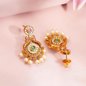 Indian Gold Plated Alloy Necklace Earrings <b>Set</b> With Zircon And <b>Pearl</b> Classic Flower Design For Women Wedding <b>Jewelry</b> - Product Image 3