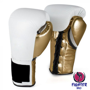 นวมชกมวย Fighter Bro สีขาวทอง หนังแท้ แบบผูกเชือก นิ้วเต็มรูปแบบ อุปกรณ์ฝึกซ้อมสำหรับผู้ใหญ่ - Product Image 1