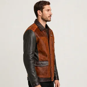 Veste en cuir PU pour homme, couleur personnalisée, style sportif, design patchwork, coupe classique, imperméable, logo sur le devant, pour l'hiver - Product Image 4