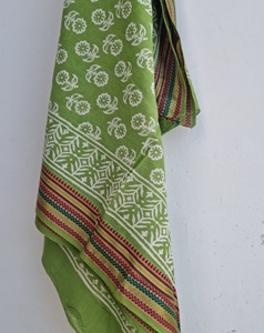 Green Hand Block Print With Zari Border Cotton <b>Sarong</b> Floral Beach Wrap Pareo Boho Lightweight Cover Up Indian Printed Scarf - Product Image 2