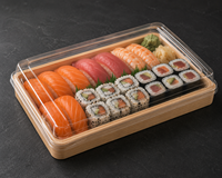 Plateau à sushi jetable aspect bois avec couvercle transparent en PET, plastique de qualité alimentaire pour la restauration à emporter et l'emballage de pique-niques
