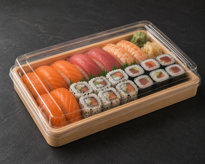 ถาดซูชิลายไม้แบบใช้แล้วทิ้งพร้อมฝา PET ใส เกรดสำหรับอาหาร สำหรับร้านอาหารแบบซื้อกลับบ้านและบรรจุภัณฑ์ปิกนิก - Product Image 2