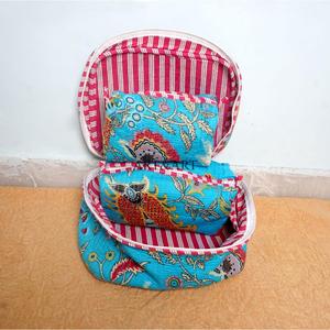 Handmade Reusable 3-Piece Large Multifunction <b>Vanity</b> Case Zipper Set Sustainable Indian blue Diagonal floral Block Printed bag - Product Image 4