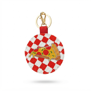 Colgante de bolso y llavero artesanal con diseño de rebanada de pizza bordada con peporones, accesorio divertido con temática de comida, venta al por mayor - Product Image 1