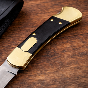 Couteau de poche pliant artisanal, lame en acier inoxydable, couteau à verrouillage, manche en bois d'ébène, outil de camping en plein air avec étui en cuir - Product Image 4