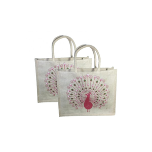 Bolso de compras de yute ecológico de calidad superior para mujer Estilo bohemio con asa acolchada tejida y estampado de pavo real sin azo - Product Image 1