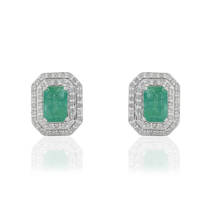 Handmade Collection of 100% Natural Zambian <b>Emerald</b> & Diamond Double Cluster <b>Stud</b> <b>Earrings</b> Latest 14K White Gold Bulk Jewelry - Product Image 1