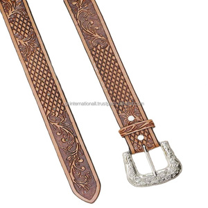 Ceinture usinée en cuir occidental de luxe motif de feuille de Cowboy sculpté à la main avec boucle en laiton florale lourde longueur personnalisée peau de vache - Product Image 3