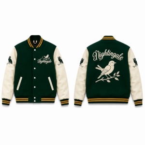 Veste universitaire Nightingale verte avec manches crème, logo oiseau brodé, style preppy, pour l'automne, coupe classique pour homme, fermeture boutonnée - Product Image 5