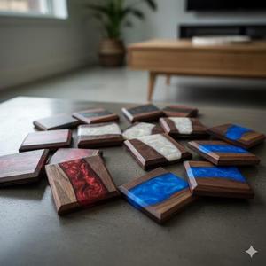 Handmade Wood Resin <b>Coaster</b> Set Square Modern Design Mats & Pads 4 Pcs <b>Teal</b> Green Natural Edge - Product Image 4