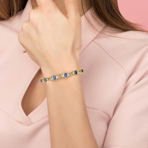 สร้อยข้อมือเทนนิสประดับไพลินชุบทอง 18K สำหรับผู้หญิง ทรงกลมเจียระไนแบบเหลี่ยมเพชร ตัวเรือนโลหะผสมสไตล์คลาสสิก - Product Image 1