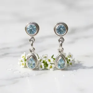 Pendientes Colgantes de Plata de Ley 925 con Topacio Azul para Mujer, Engaste de Bisel, Gema Redonda y en Forma de Pera - Product Image 4