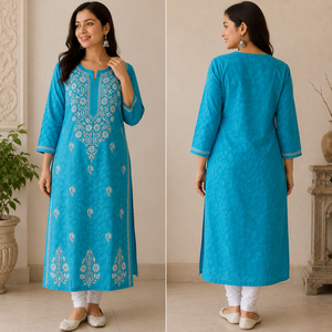 Modern Turquoise Blue Hand Embroidered Lucknowi Chikankari Straight Kurti - Elegant Viscose Ethnic Tunic for <b>Women</b> - Product Image 3