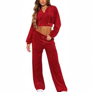 OEM/ODM Women's Custom Solid Velour Breathable Spandex/Polyester Hooded <b>Cropped</b> <b>Zip</b>-<b>Up</b> Jogging Sets Adjustable Drawstring - Product Image 6