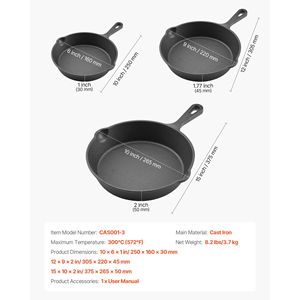 Ensemble de poêles en fonte robustes 3 pièces pré-culottées pour chef avec poignée résistante à la chaleur, poêles à frire de 6, 8 et 10 pouces - Product Image 4