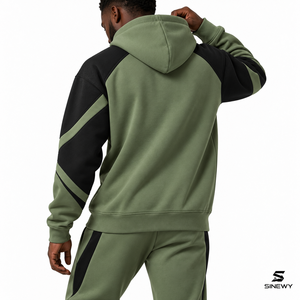 Sudadera con Capucha Unisex SINEWY, 100% Algodón, Talla Grande, Forrada, Diseño a Cuadros, Transpirable, Verde y Negro, Bloques de Color, Manga Regular - Product Image 4