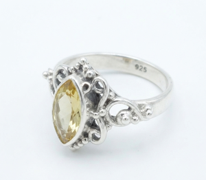 Bague pour femme en argent sterling 925 avec citrine jaune marquise, plaqué or rose, filigrane orné, style vintage artisanal bohème, bijou statement - Product Image 1