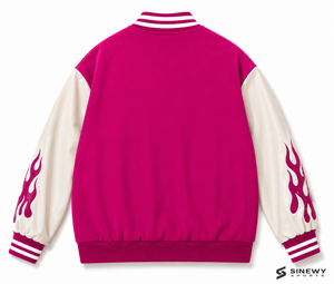 เสื้อแจ็คเก็ตเบสบอลผู้ชาย SINEWY SPORTS สีชมพูบานเย็น ปักลายต้นปาล์ม LA แขนเสื้อลายเปลวไฟ สวมใส่สบายๆ ในฤดูใบไม้ร่วง - Product Image 2