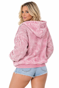 <b>Pink</b> Rhinestone Distressed Zip-Up <b>Hoodie</b> 100% Cotton Solid Winter Front Logo <b>Women's</b> Streetwear Sweatshirt - Product Image 4