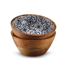 Juego de tazones para servir hechos a mano de madera de mango, tazones para ensalada con estampado de esmalte, vajilla decorativa de madera para restaurante, hogar, hotel, tazones de madera. - Product Image 1