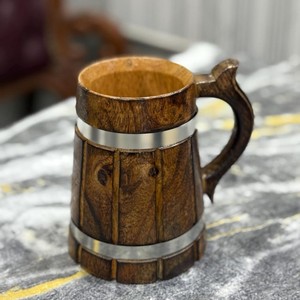 Handcrafted Wooden Beer <b>Mug</b> With Stainless Steel Bands Vintage Barrel Style Classic Tankard With Handle Reusable Drinkware - Product Image 1