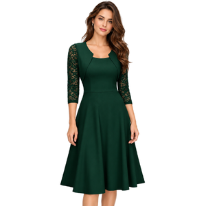 Robe mi-longue vert émeraude à manches courtes, col rond, coupe trapèze, décontractée, avec fermeture éclair au dos, pour le printemps/été, idéale pour le bureau ou les soirées, pour femme - Product Image 3