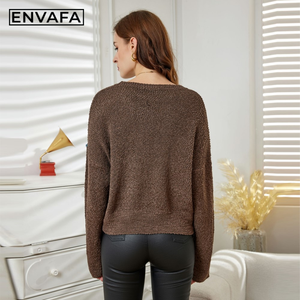 Pull court à col rond pour femme, tricot d'automne à manches longues, décontracté, doux, respirant, anti-rétrécissement, anti-plis, crocheté - Product Image 4