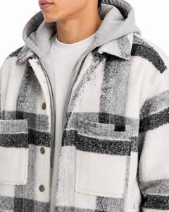 Men's Oversized Plaid Hooded Shacket <b>Jacket</b> White Grey Checkered Hooded Shirt <b>Jacket</b> Casual <b>Flannel</b> Overshirt Button Front Layer - Product Image 4