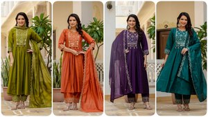 Vestido Anarkali Kurta de Seda Romana Viscosa Verde Oliva Más Vendido para Mujer con Estilo Tradicional Indio para Bodas - Product Image 3