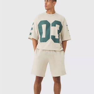 Ensemble deux pièces décontracté pour homme, col rond, personnalisable, en molleton tricoté épais et respirant, style urbain, élastique, idéal pour l'été - Product Image 1