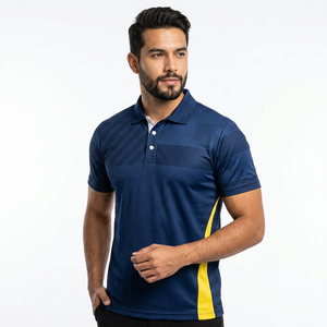 Polo pour homme, bleu et jaune, à blocs de couleur, manches courtes, tricoté, 100% polyester, séchage rapide, vêtements décontractés - Product Image 4