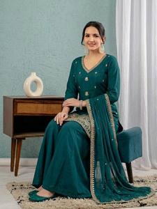 New Solid Designer Party Wear Heavy Roman Silk 3mm Sequence Embroidery Work <b>Top</b> & Plazzo Dupatta Fancy Style - Product Image 3