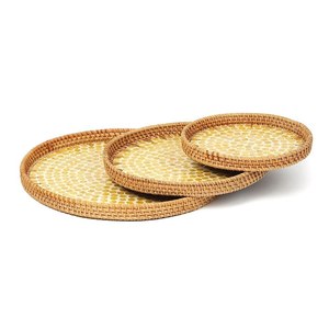Decorative <b>Round</b> Shape Rattan <b>Serving</b> <b>Tray</b> With Polka Dot MOP Inlays Pattern 22 Cm Diameter Handmade For Residential Use - Product Image 6